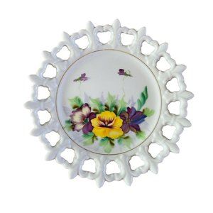 Lefton Handpainted Fleur-de-lis reticulated edge Purple Flowers Plate 5 3/4"